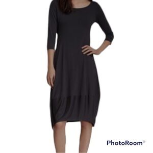 Eileen Fisher Black jewel neckline elbow length versatile midi dress